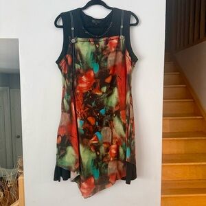 Papillon Blanc Asymmetrical Dress in Orange and Green Abstract